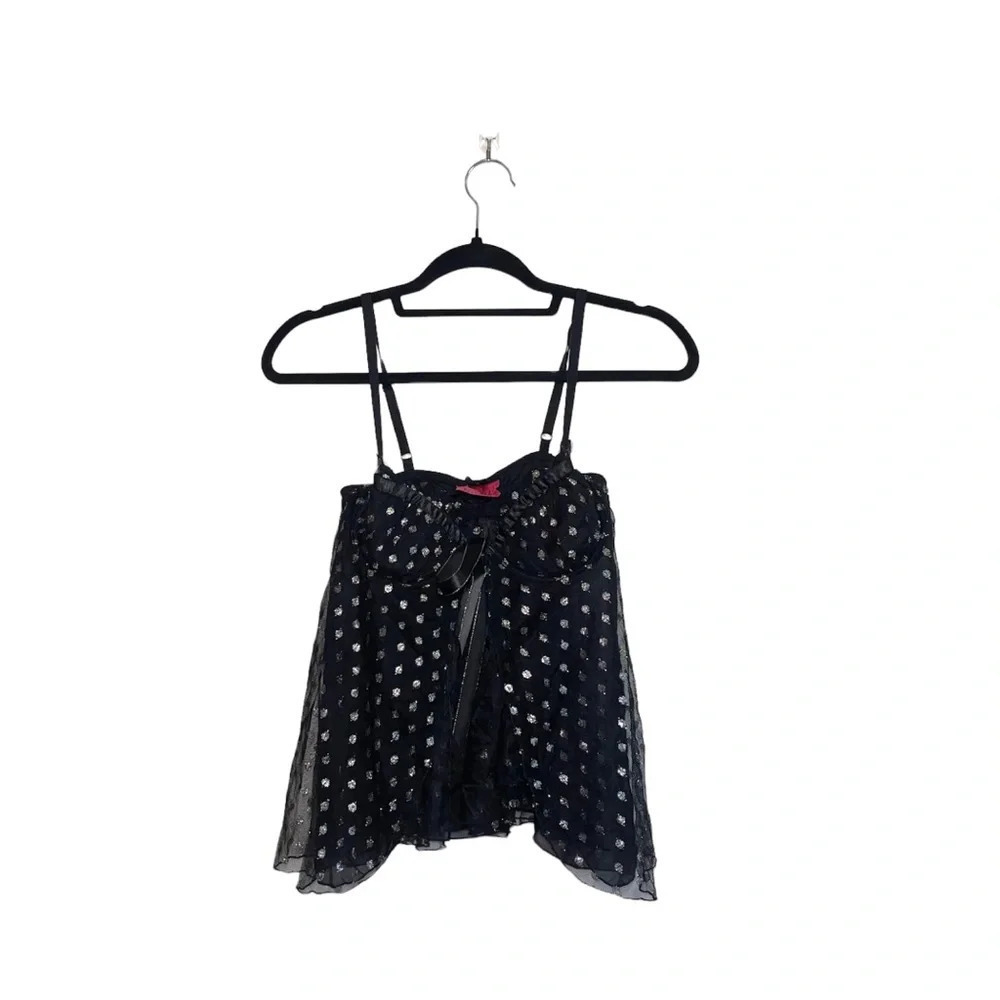 Victoria’s Secret Vintage Black Printed Tie Front Babydoll Lingerie Top 34B